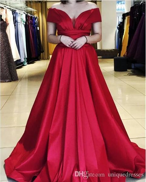 Red A linha de vestidos de noite longo de cetim Off plissados ​​ombro até o chão elegante Plus Size vestidos de baile vestido de festa Formal vestidos de noite