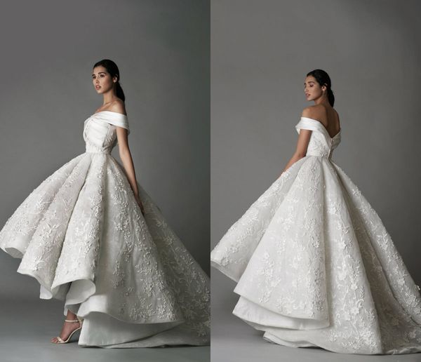 

2019 luxury wedding dresses off the shoulder lace 3d floral appliqued high low bridal gowns sweep train custom made vintage wedding dress, White