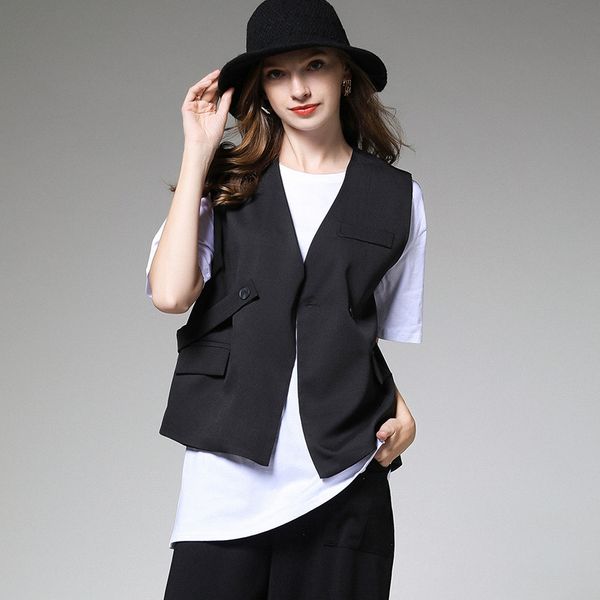 

lanmrem 2020 new fashion trend leisure style sleeveless age-retaining solid color single button v collar vest two-piece ai991, Black;white