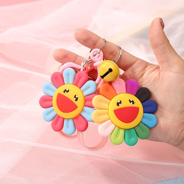 

silicone sunflower keychain cute rainbow color bell pendant key chain acrylic keyring jewelry lovely bag charm for girls gift, Silver