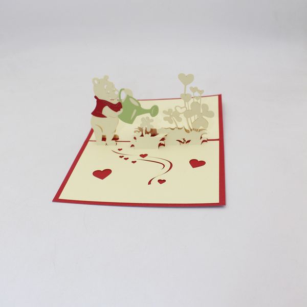 

3d cartoon bear watering the flowers pop up holiday greeting cards handmade children birthday postcard kids gift
