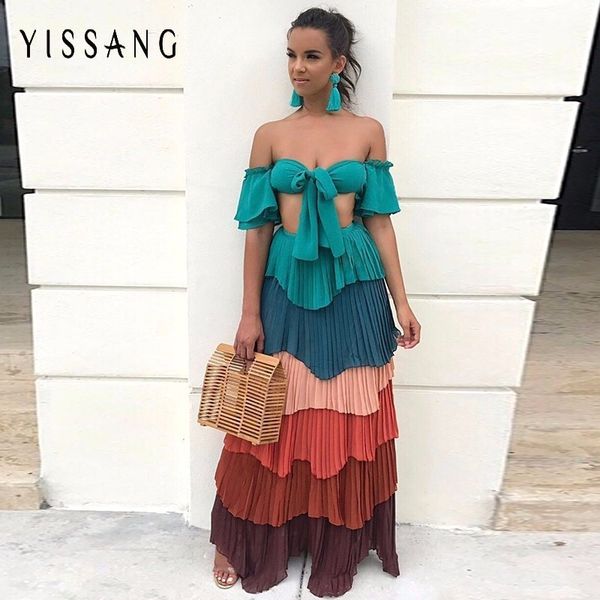 

yissang green orange two pieces dress summer off shoulder short and pleated long dresses women club dress party set, Gray