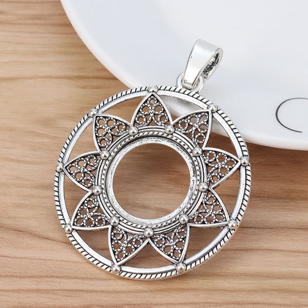 

5 pieces antique silver tone large open flower round charms pendants for necklace jewellery making findings 55x55mm