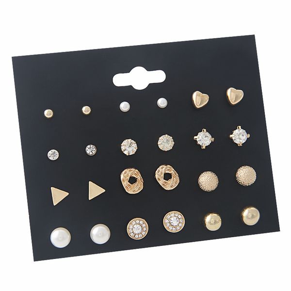 

12 pairs/set fashion crystal stud earrings bohemian geometric vintage pearl heart earrings for women 2019 new set, Golden;silver