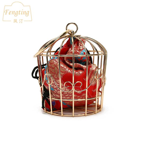 

women's birdcage evening bag clutch metal frame embroidery bucket bird cage mini party handbag gold chain handbag ftb172