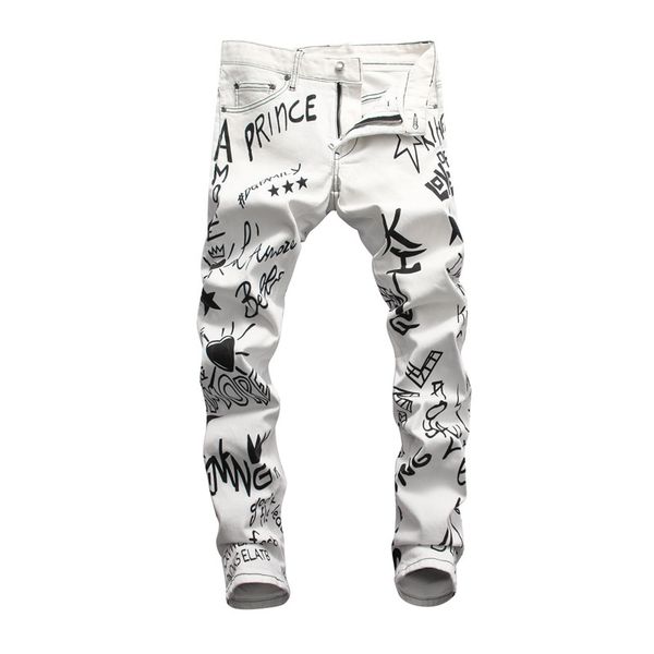 

mens skinny white printed jeans fashion designer doodle slim fit motorcycle biker hole beggar hip hop denim pants, Blue