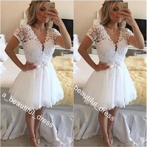 

special occasion dresses white 2020 homecoming dresses a-line v-neck cap sleeves lace beaded short mini elegant cocktail dresses, Blue;pink