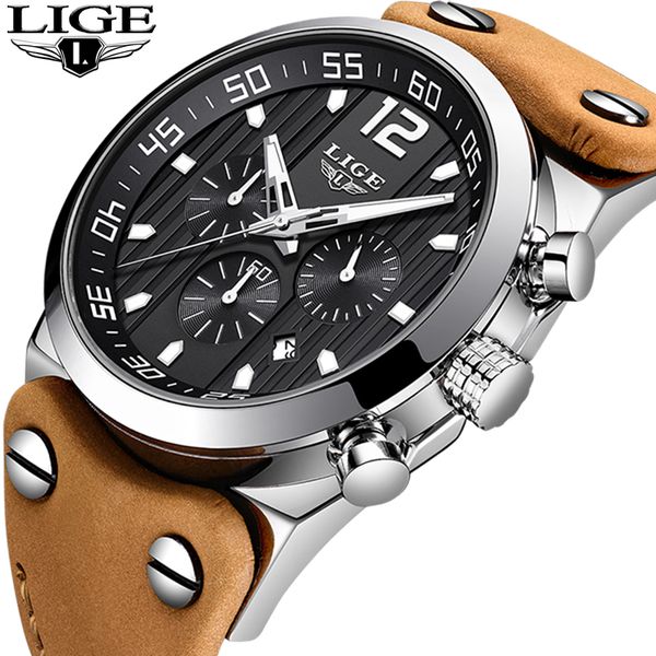 

relogio masculino 2019 lige fashion sports mens watches waterproof leather strap quartz wrist watches men clock, Slivery;brown