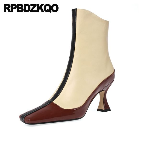 

brown ankle square toe 10 side zip boots big size genuine leather fall autumn high heel shoes winter women vintage chunky retro, Black