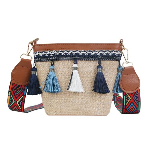 

straw tassel crossbody bag women weave wide shoulder messenger bags fashion color strap shoulder bag small weaving beach