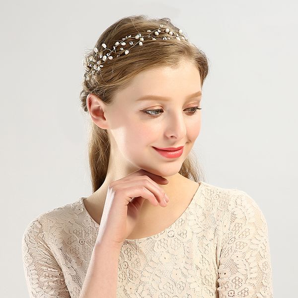 

vintage gold headbands freshwater pearls flower women hair jewelry handmade tiara headpiece bridal wedding hair accessories gift, Golden;white