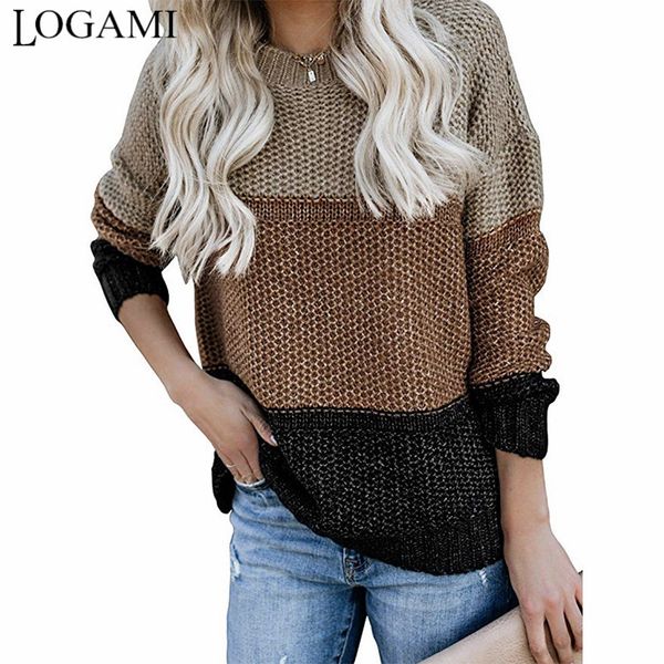 

logami long sleeve splice women crewneck knitted pullover sweaters vintage striped autumn winter ladies pullover jumper, White;black