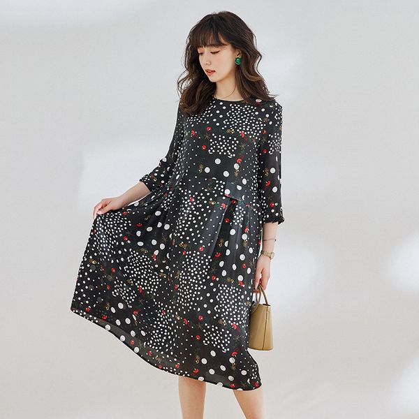 

ron too] 2020 summer new round collar wave flower printed silk fair maiden temperament women mulberry silk dress, Black;gray
