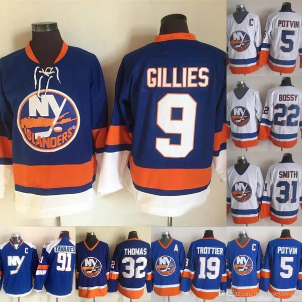 

New York Vintage 91 John Tavares 9 Clark Gillies 19 Rocky Trottier 31 Billy Smith 5 Denis Potvin 22 Mike Bossy Hockey Jerseys