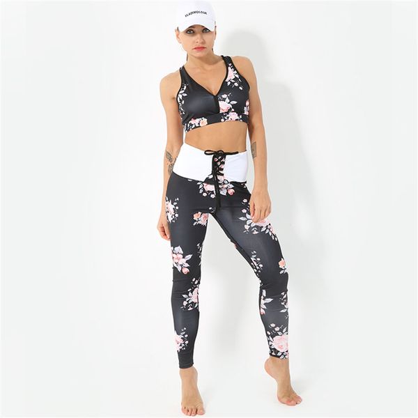 

new clothing sportswear seamless yoga set women fitness gym leggings floral push-up strappy sports bra print sports suit, White;red