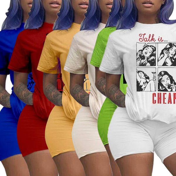 

spot 2020 trendy fashion printing street european and american female pullover short sleeve t-shirt shorts casual suit, Gray