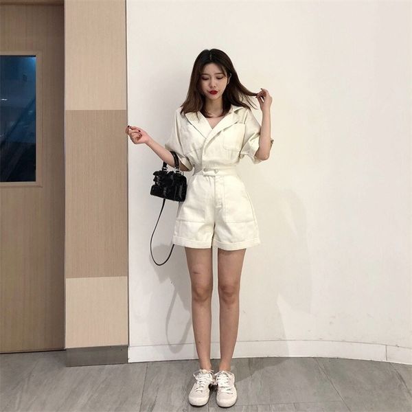 

2019 korean lapel high waist denim romper women casual elastic jeans loose jumpsuits short playsuits solid overalls, Black;white