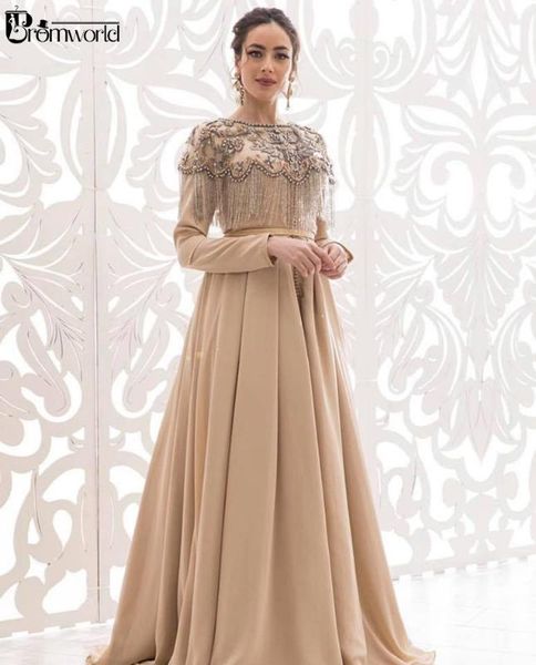 

champagne muslim long sleeve evening dresses tassel embroidery moroccan dubai kaftan arabic formal dress abiye gece elbisesi, White;black