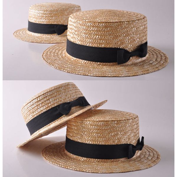 

summer simple parent-child matching beach bucket hats female casual panama lady women flat brim bowknot straw cap girls sun hat, Blue;gray