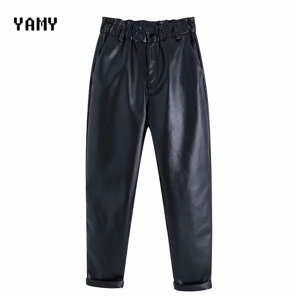 

elastic high waist womens pu leather pant trousers new zora womens windproof faux leather loose winter pant capris sweatpant, Black;white