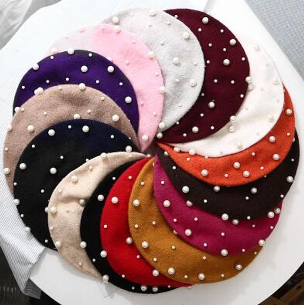 

2019 vintage шерсть pearl берет cap женщины французская hat осень зима теплая бисероплетение baret caps boina элегантные дамы твердотопливны, Blue;gray