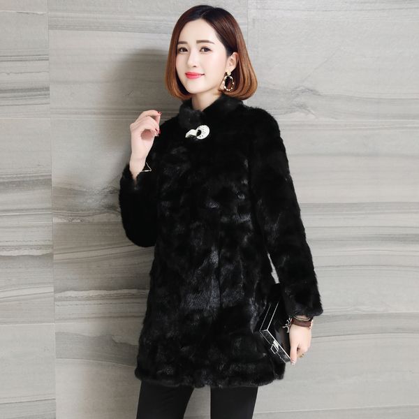 

women's fur & faux 2021 winter natural real pieces coat outwear, Black