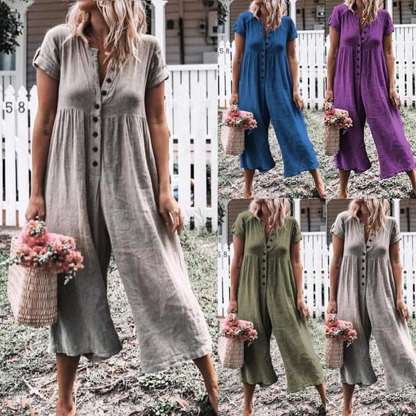 

new summer short sleeve jumpsuit women casual cotton fake linen rompers womens jumpsuits button v neck wide leg trousers m0321, Black;white