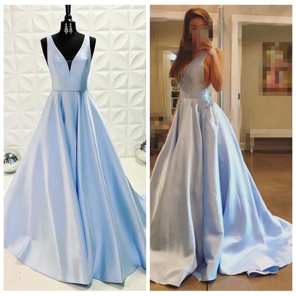 

simple a-line satin blue prom dresses with pockets v-neck draped skirt sweep train low v back prom dresses vestido de festa, Black