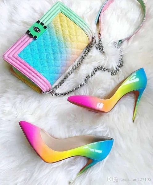 

красная подошва туфли на высоком каблуке роскошный дизайн новая радуга лакированная кожа женщина высокие каблуки острым носком платье обувь, Black