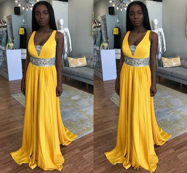 

Yellow Black Girls 2019 Prom Dresses V-Neck Sequined Beaded Sheath Long Party Gowns Plus Size robes de soirée Evening Dress N23