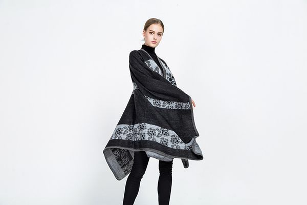 

fashioneurope and the united states new autumn and winter multicolor color matching geometric scarf imitation cashmere cloak wild shawl coat, Blue;gray