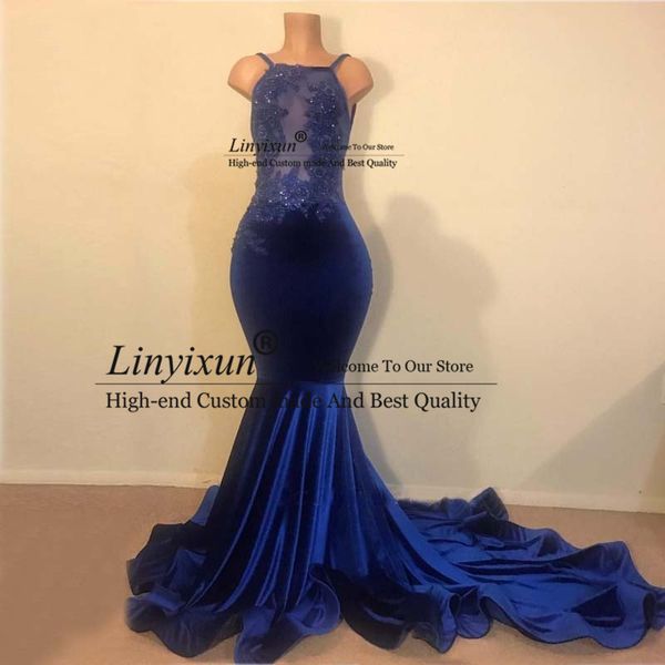

african black girls mermaid prom dresses backless royal blue velvet lace beaded floor length see through long party gowns, White;black