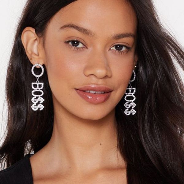 

exclusive super shiny rhinestone boss savage letter dangle earrings for women crystal long drop earrings jewelry accessories, Silver