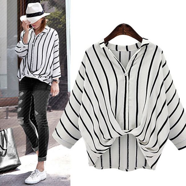 

women shirts black white v neck blouse casual bat sleeve striped women plus size high low blouses