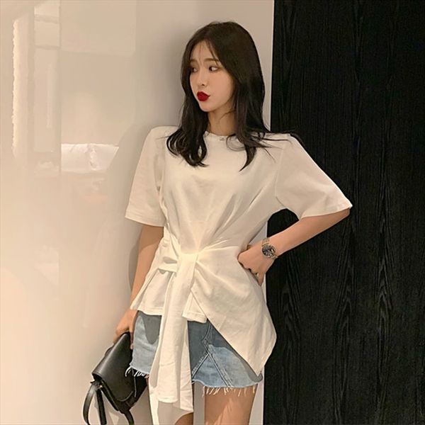 

hong kong fashion clothing t-shirt clothing brand hong kong fashion brand 2020 summer clothes irregular waist lace short-sleeved t-shirt wom, White