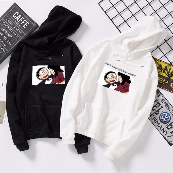 

thin cartoon sports casual lace-up couples hoodie loose, Black