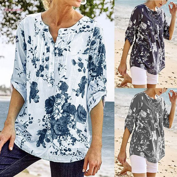 

womens blouses 2020 summer print ladies blouses fashion o neck floral print sleeve regular shirt pullover female new, White