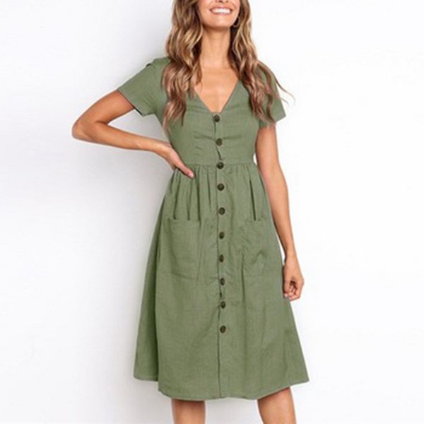 

casual style women's dresses-summer bohemian spaghetti strap button down midi dress with pockets, Black;gray