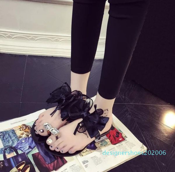 

2019 summer bow flats heel open toe beach shoes casual shoes female women's flip flops size 36-42 d06, Black