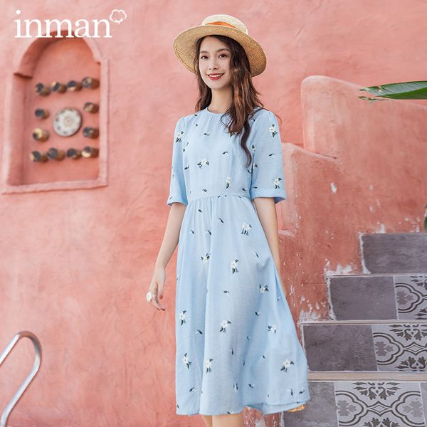 

inman 2020 summer new arrival little white flower print nipped waist umbrella japanese style half sleeve dress, Black;gray