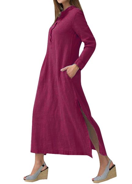 

women casual long dress long sleeves side pockets slit vintage maxi robe g11370bu-l, Black;gray