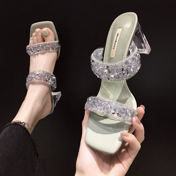 

slippers casual female shoes women heels glitter slides square heel luxury 2020 high jelly block crystal pu rubber fashion hoof, Black