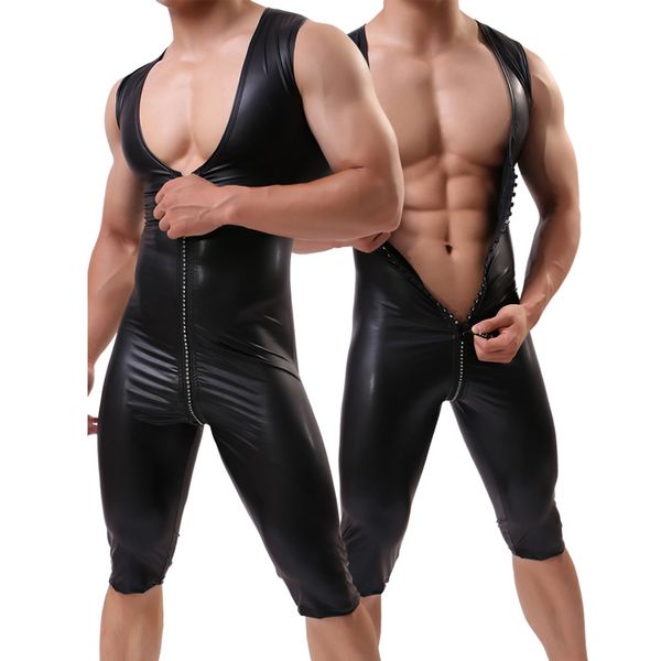 Coole Herren-Bodysuit, sexy elastische Dessous, Kunstleder, Reißverschluss, Teddys, offener Schritt, Unterwäsche, Nachtclub, Catsuit, Kostüm, ärmelloses Trikot