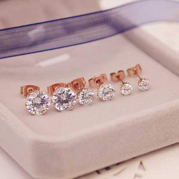 

yunruo brand rose gold color classic six claw zirconia cz stud earring for woman girl 316 l stainless steel fashion jewelry, Golden;silver