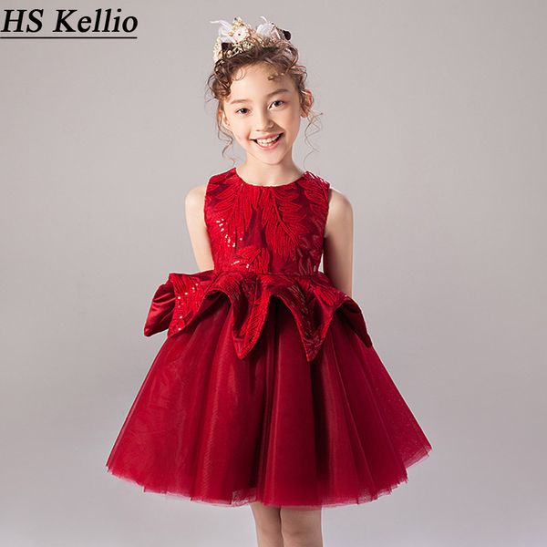 

hs kellio flower girl dress o-neck short mini birthday party gown bridal banquet kids dresses, Red;yellow