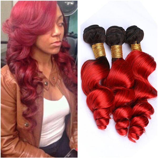 Bright Red Ombre Loose Wave Peruvian Virgin Human Hair Bundles Deals 300g 1b Red Dark Root Ombre Loose Wavy Human Hair Weaves Human Hair Weave Uk
