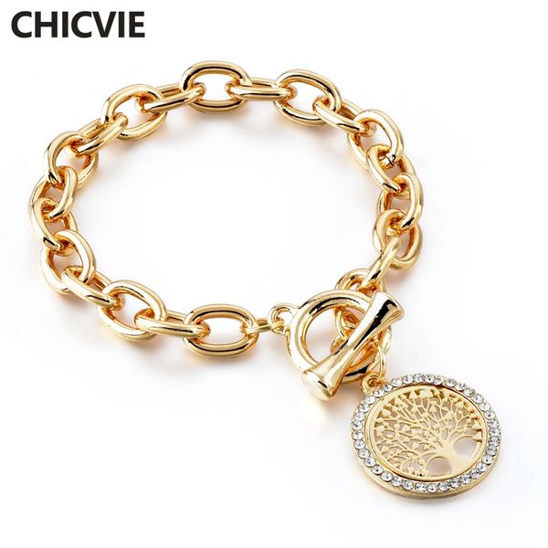 

chicvie new fashion gold round shape charm tree of life bracelets&bangles designs for women stainless steel bracelets sbr180157, Golden;silver