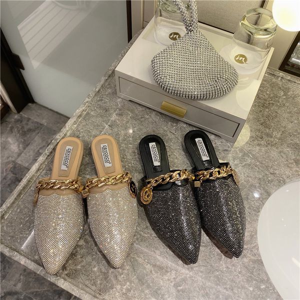 

luxury flats slippers women crystal pointed toe mules fashion metal chain slides shallow loafers black apricot sandalias mujer