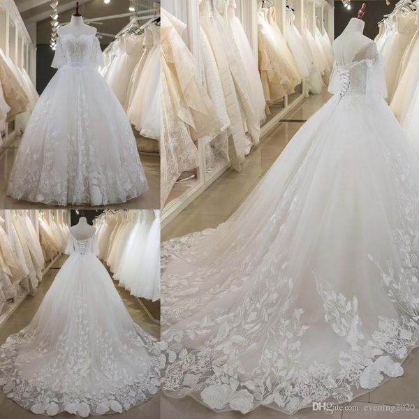 

latest a-line wedding dresses lace beaded appliques back with lace-up charming bridal dresses tiered skirts custom made wedding gowns, White