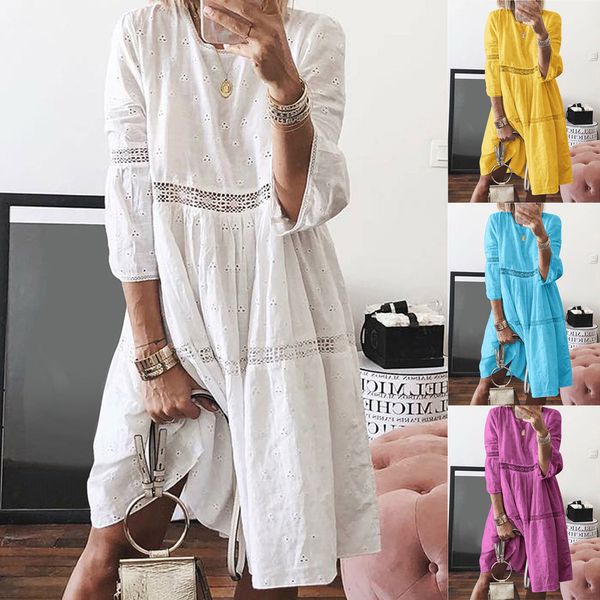 

girl dress women boho solid crew neck dresses hollow out splice 3/4 sleeve mid-long dresses elegant women's bodycon vestidos#8, Black;gray
